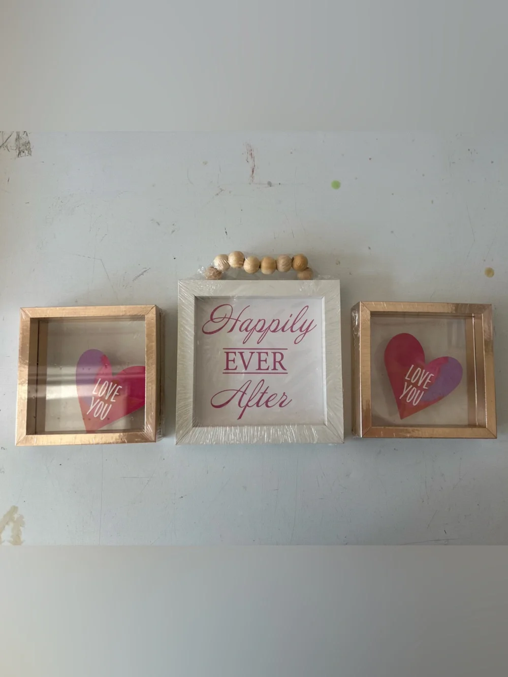 Happily Ever After Wall Frame Trio with Pink Heart Accents. Wedding Decor Signs